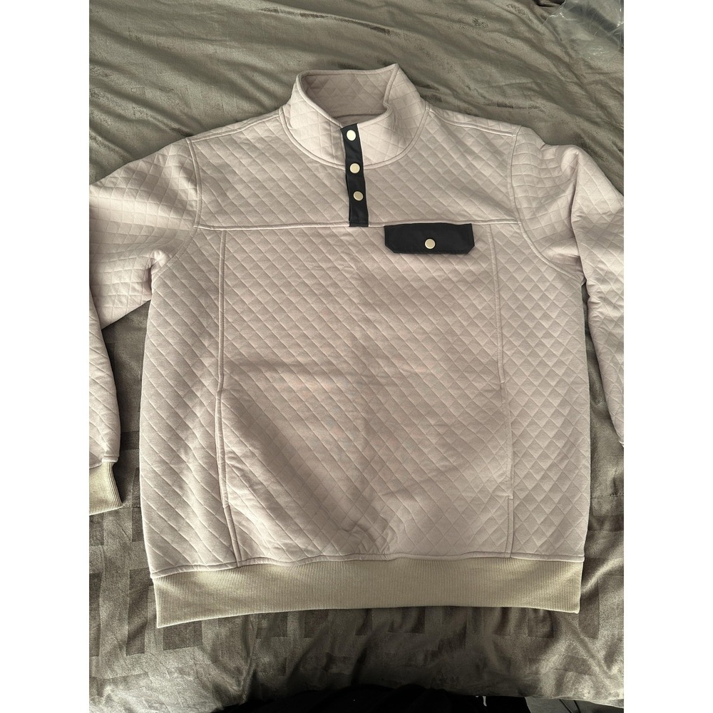 Quilted Sweatshirt Mens XL Beige Mock Neck Snap Pullover Pockets Soft Cozy